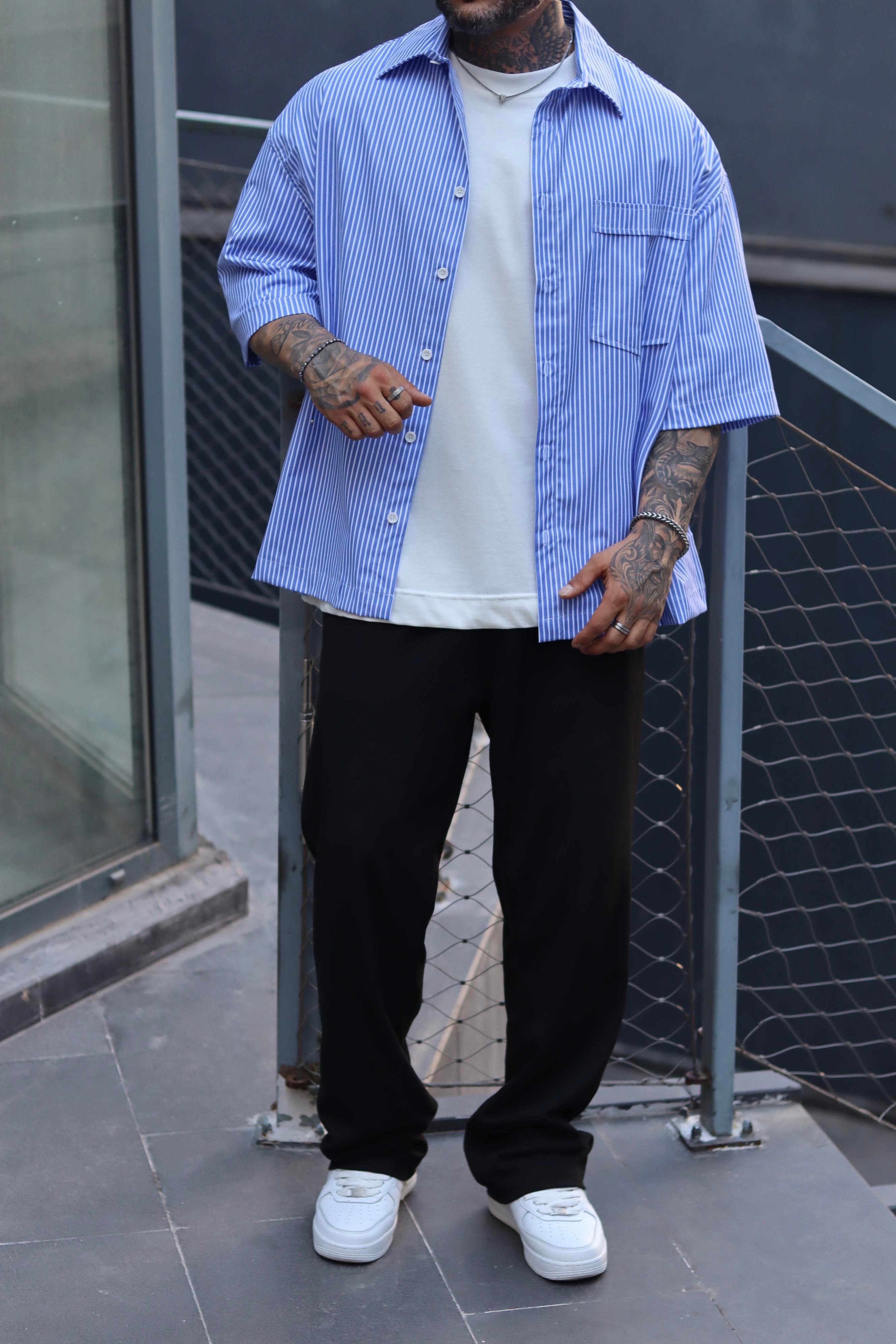 Basic mavi çizgili oversize gömlek