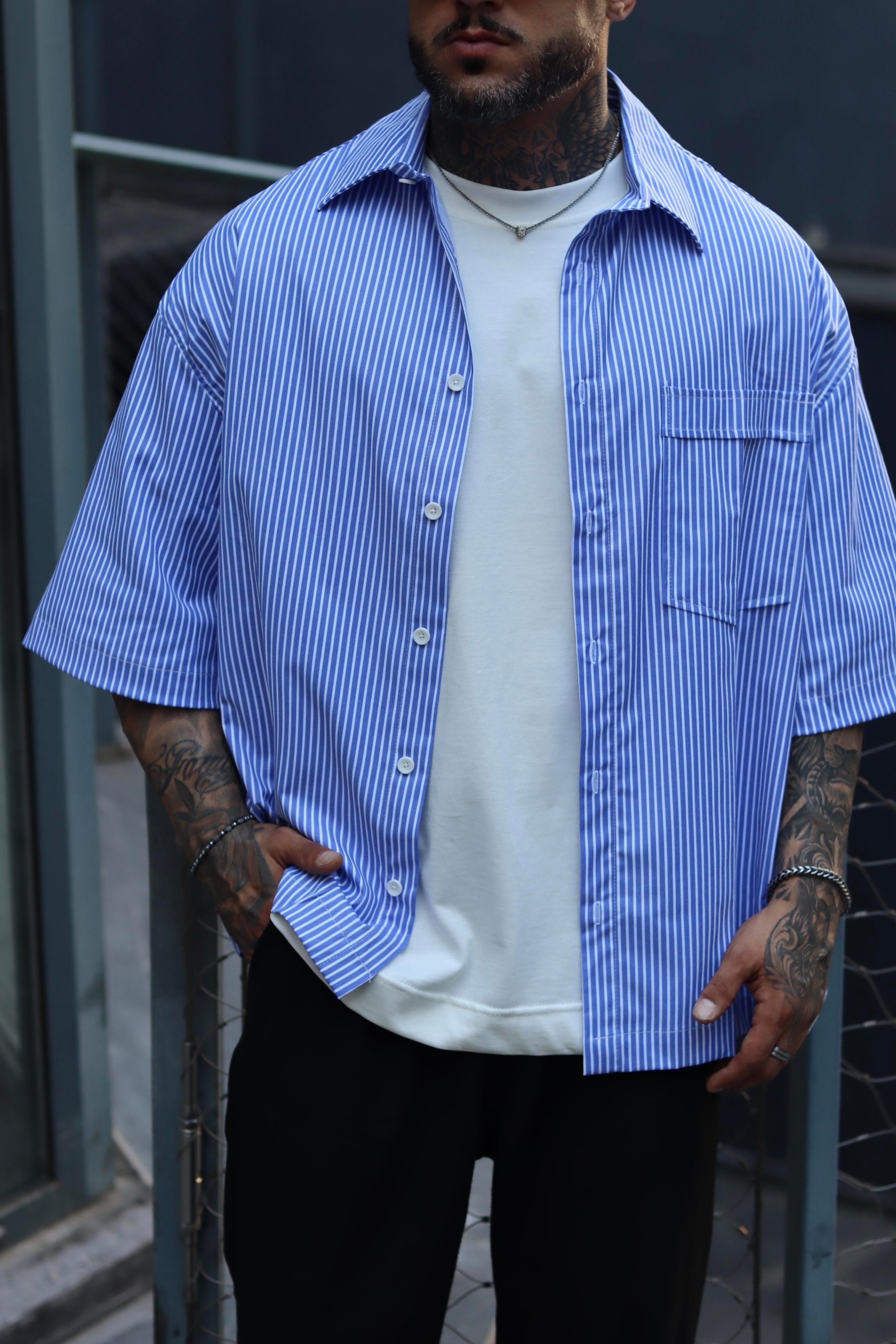 Basic mavi çizgili oversize gömlek