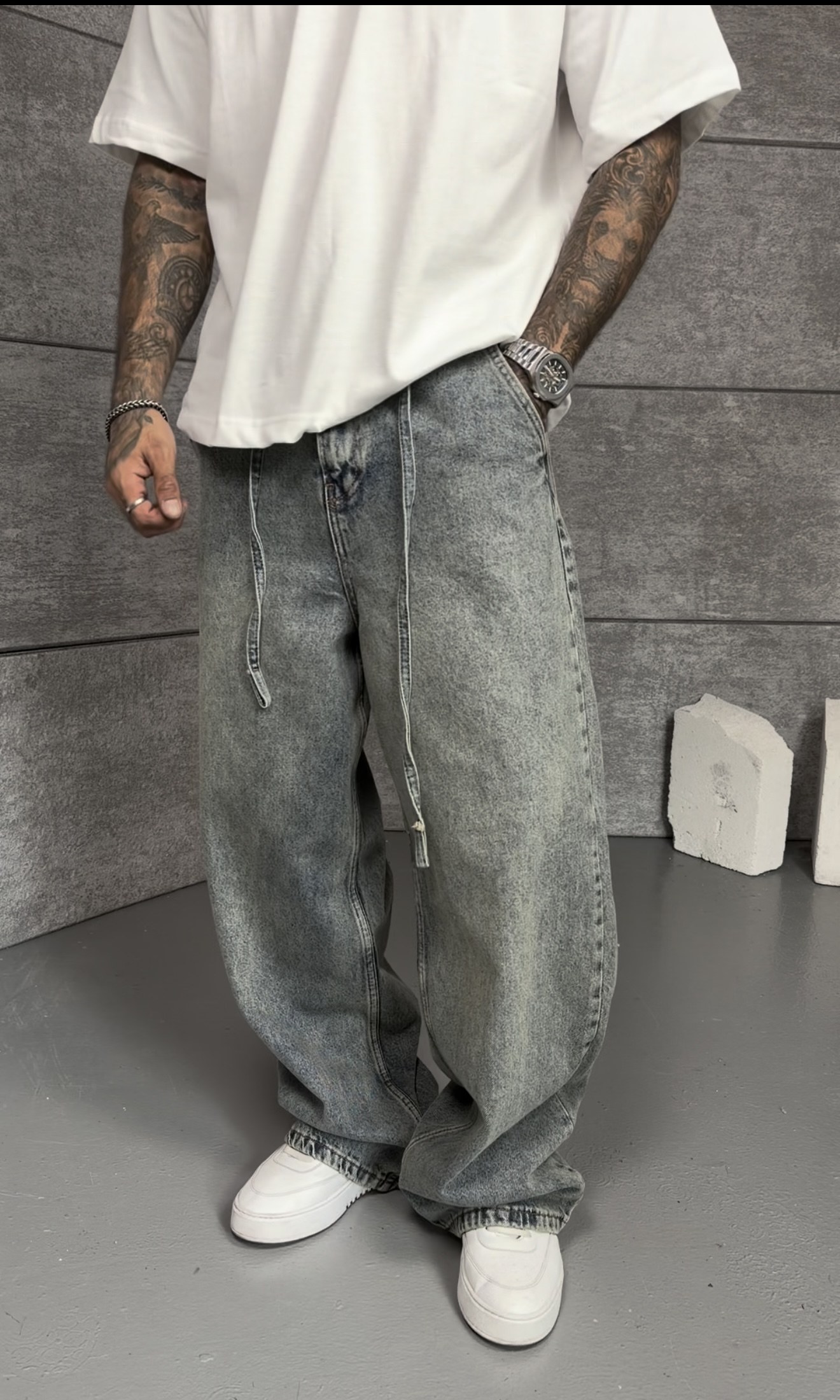 Gri Washed Baggy Pantolon