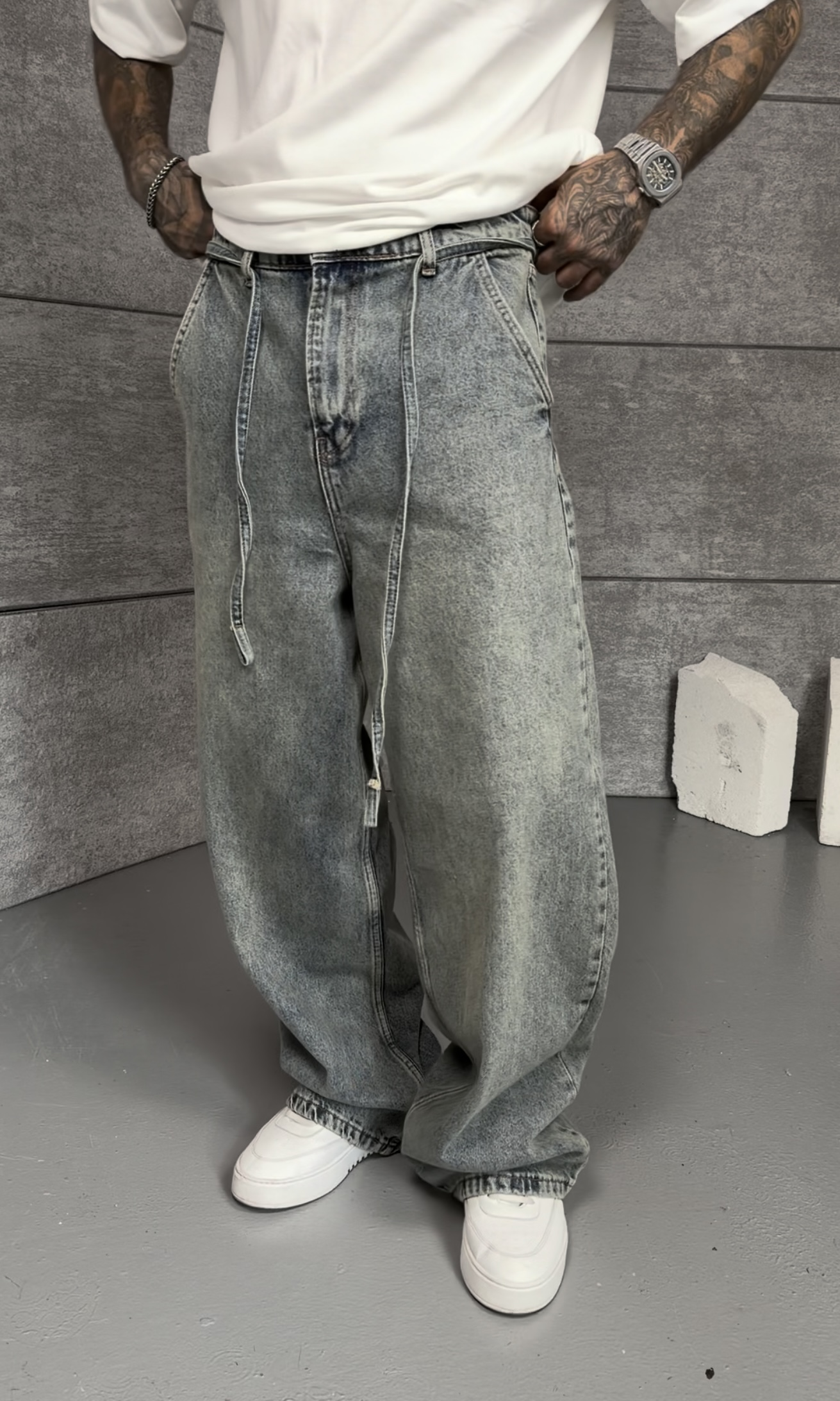 Gri Washed Baggy Pantolon