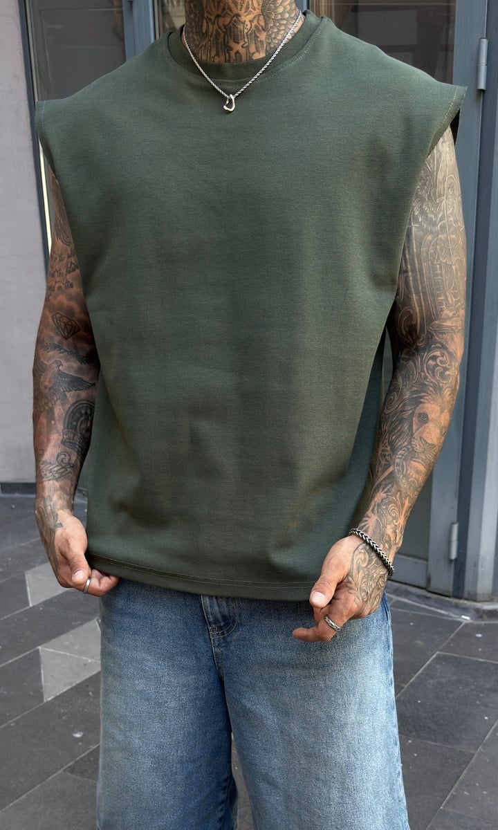 Haki Oversize Kesik Kol Atlet