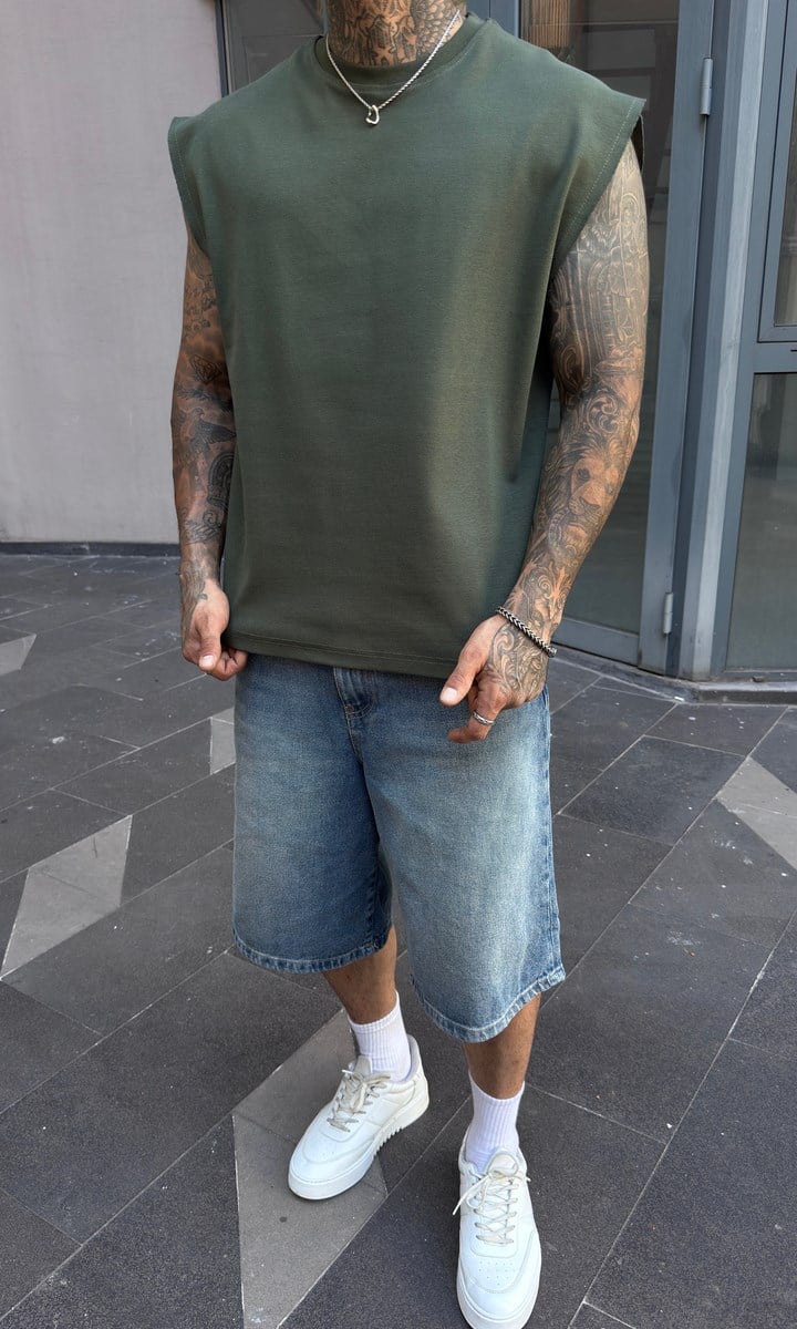 Haki Oversize Kesik Kol Atlet
