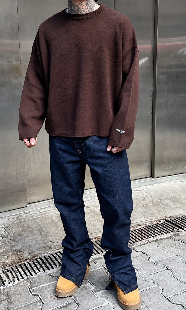 Kahve Çelik Örme Oversize Triko