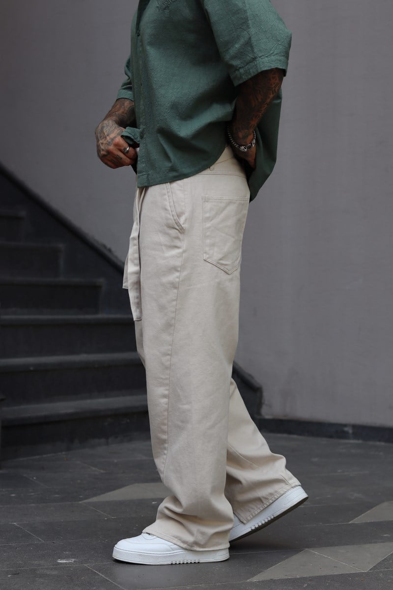 Kemerli Ekru Baggy Pantolon
