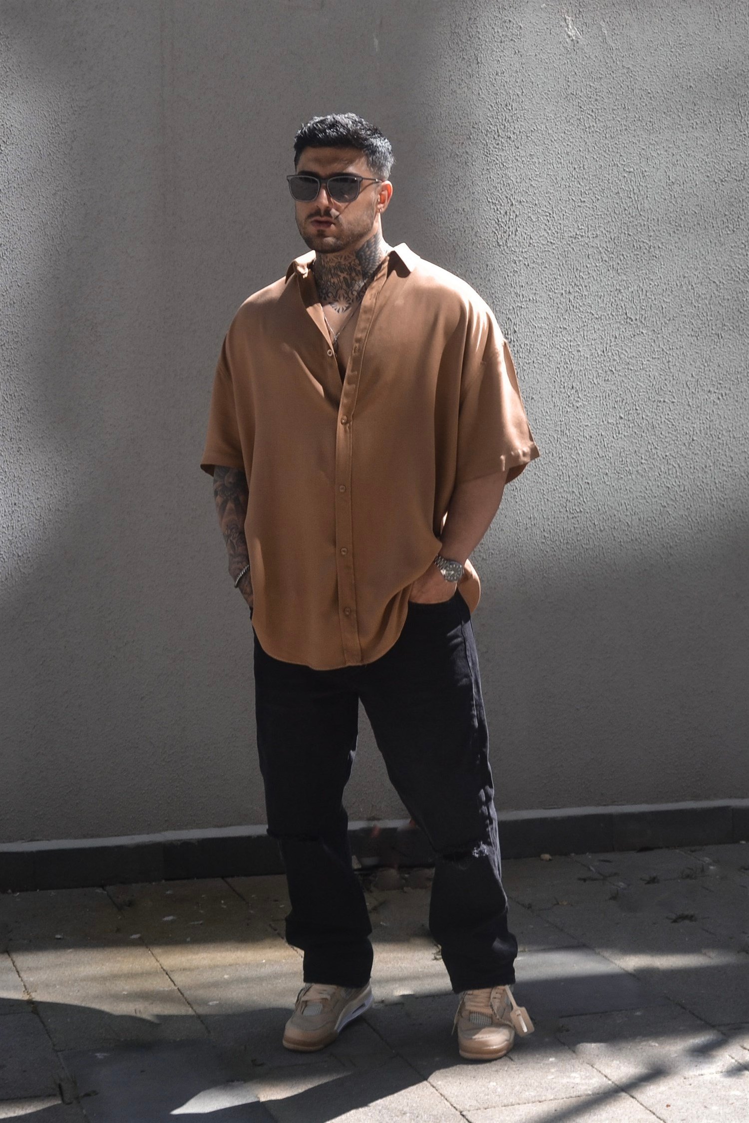 Oversize basic brown gömlek