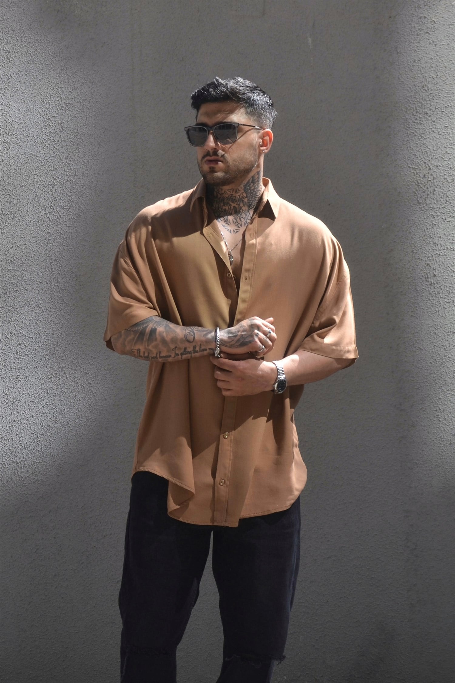 Oversize basic brown gömlek