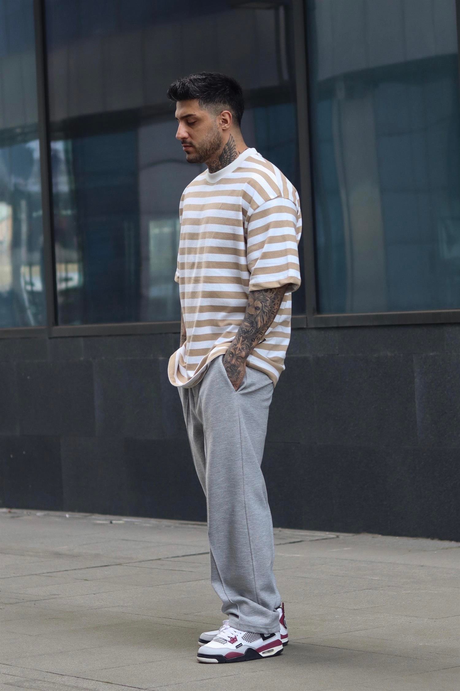 Oversize beige şerit tshirt