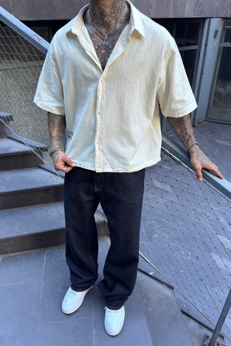 Oversize Minimal Baskı Keten Gömlek