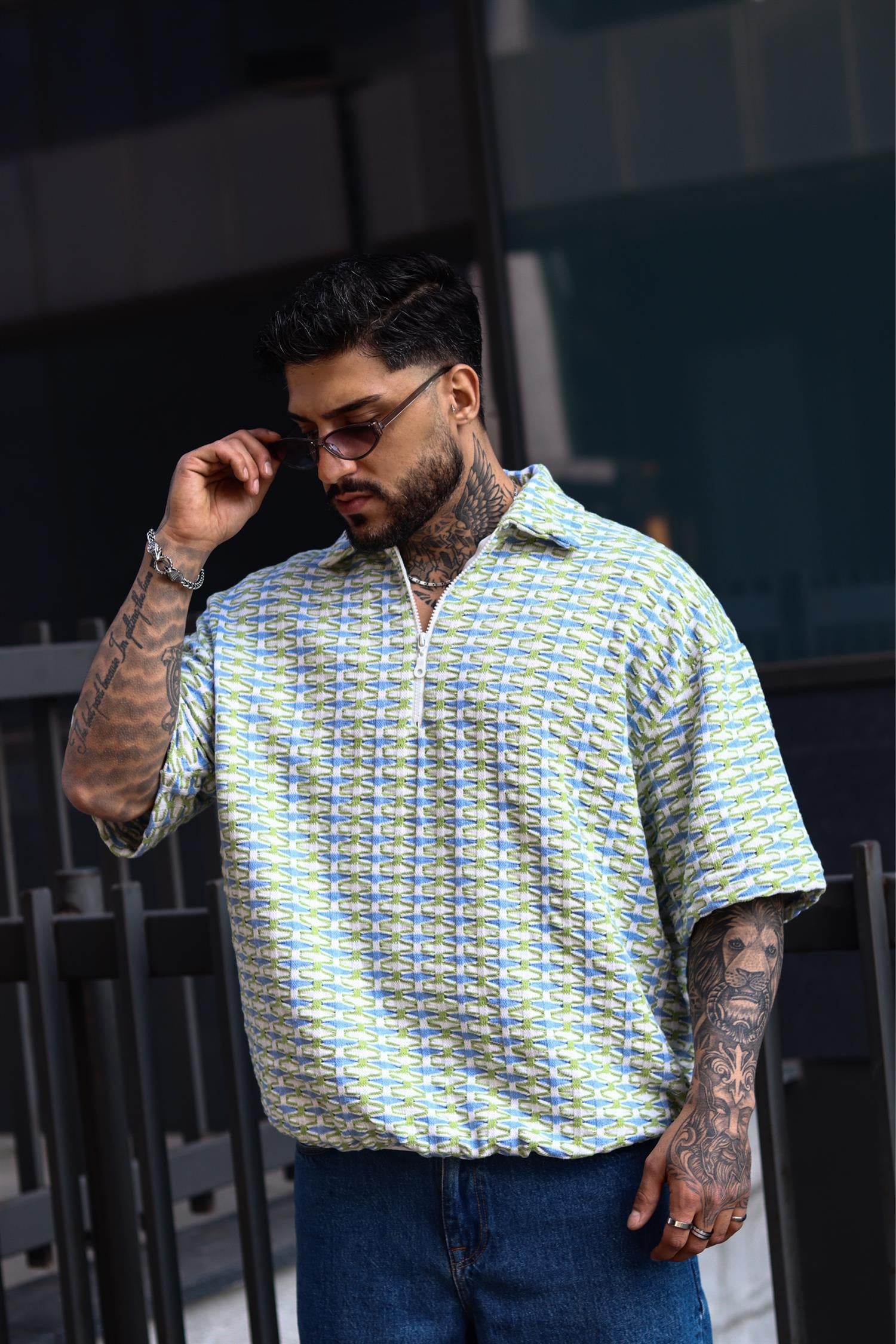 Oversize örme yeşil zip tshirt