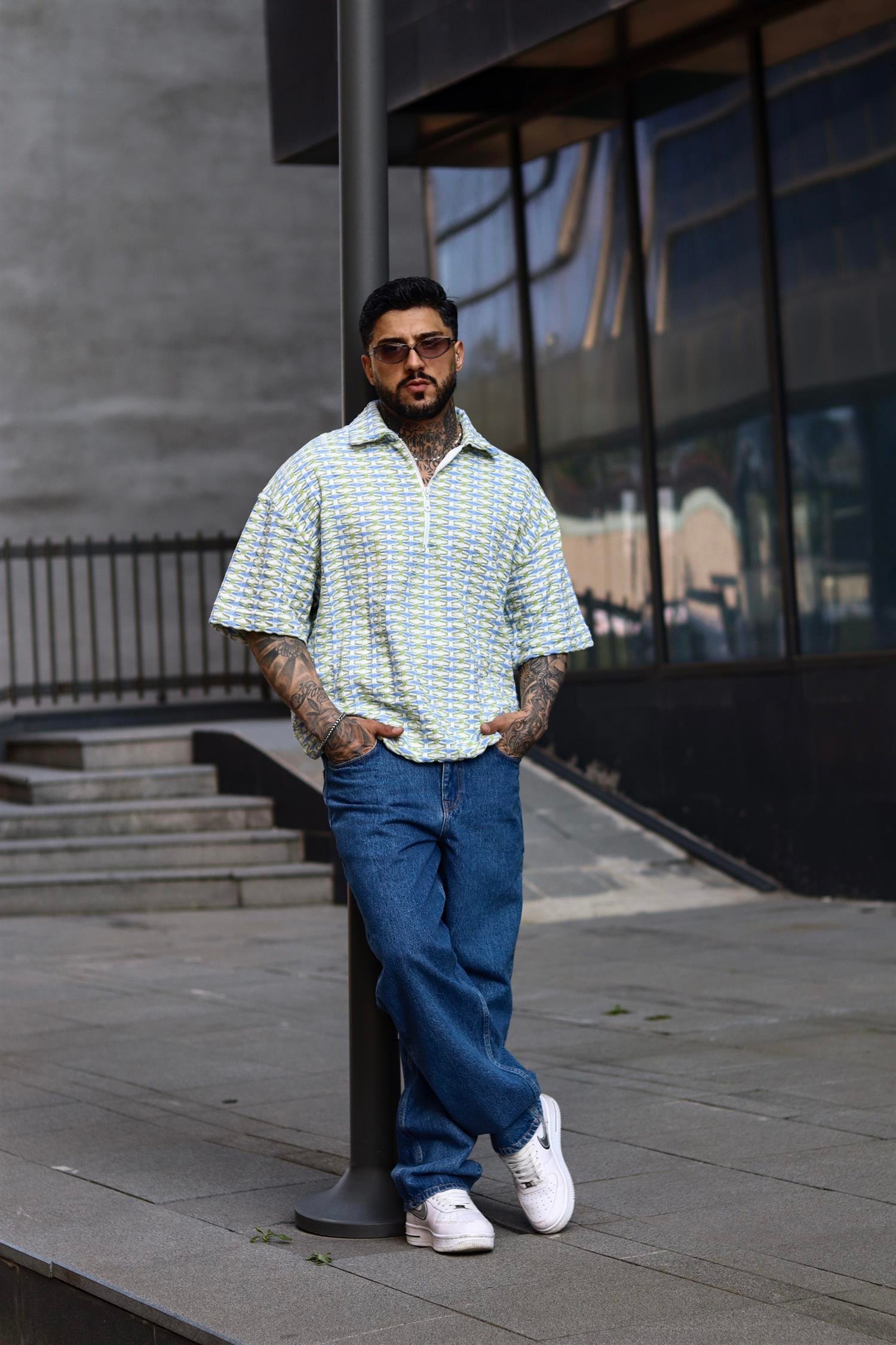 Oversize örme yeşil zip tshirt