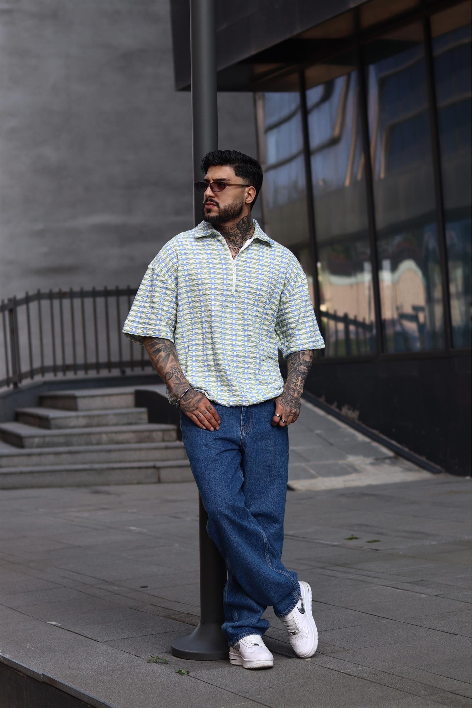 Oversize örme yeşil zip tshirt