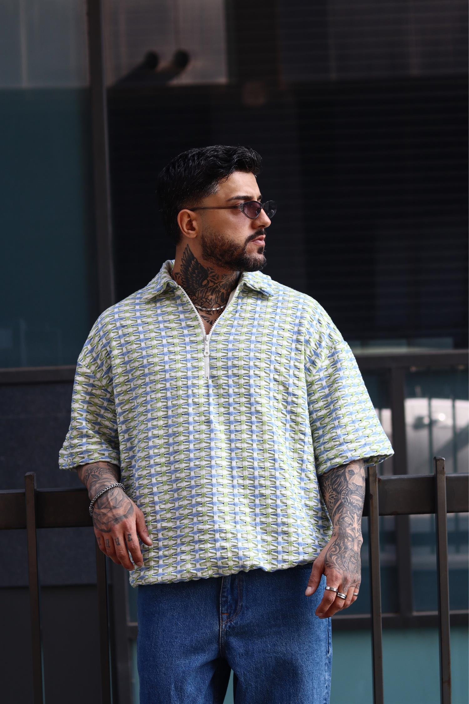 Oversize örme yeşil zip tshirt