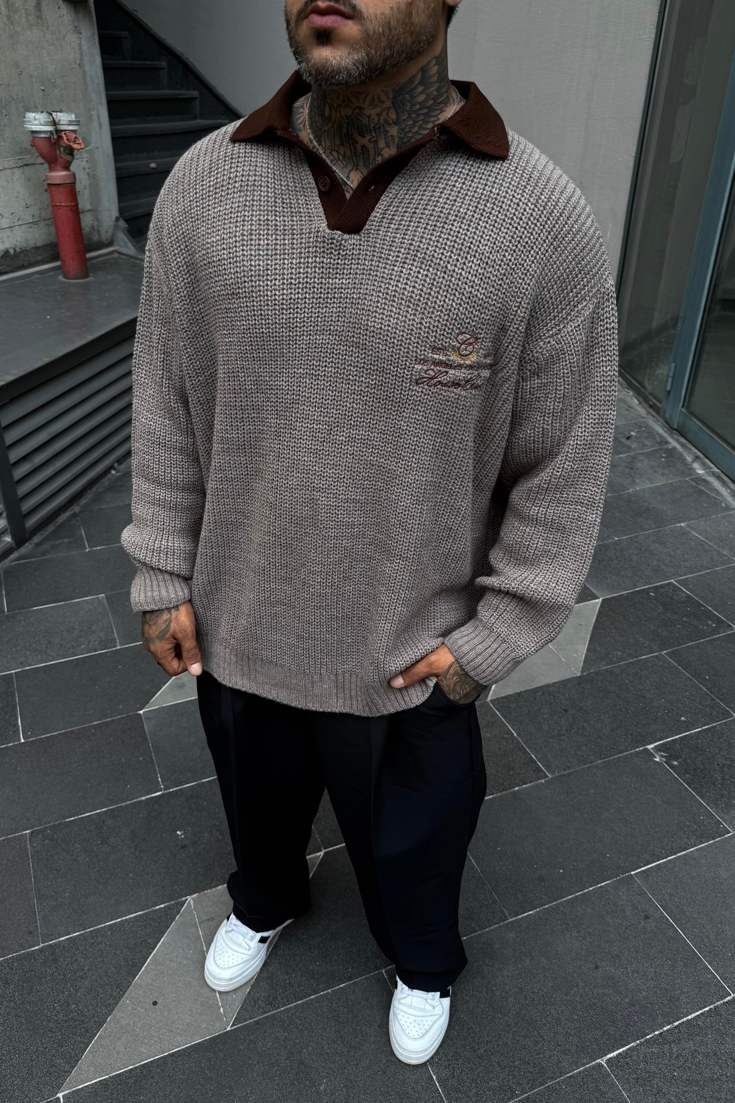 Polo yaka oversize örme kazak