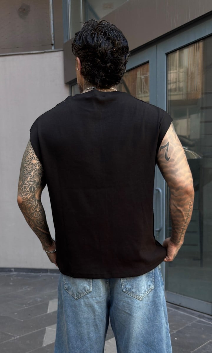 Siyah Oversize Kesik Kol Atlet