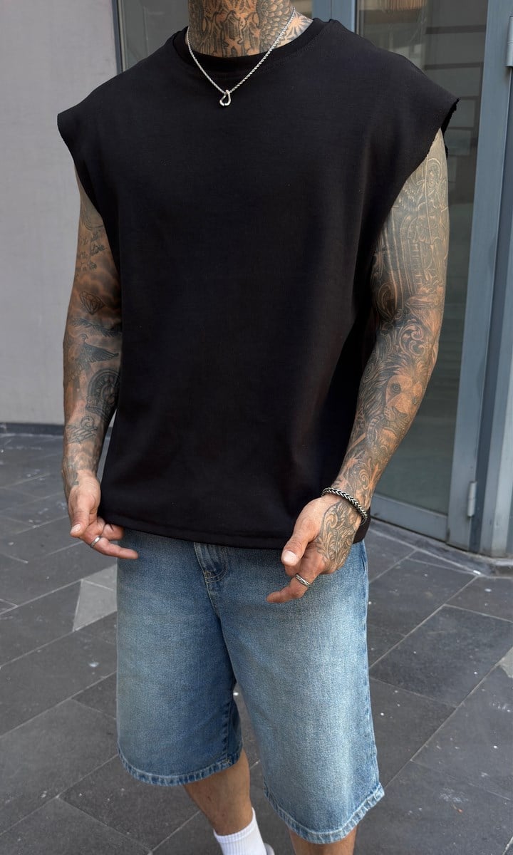 Siyah Oversize Kesik Kol Atlet