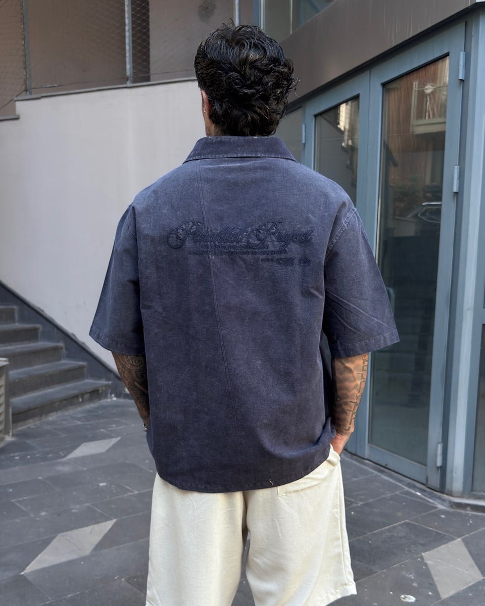Yıkamalı Lacivert Oversize Gömlek