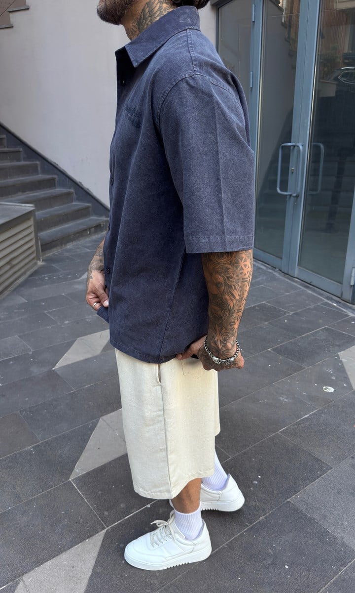 Yıkamalı Lacivert Oversize Gömlek