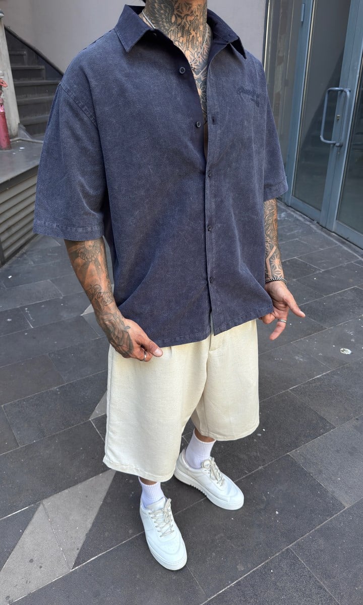Yıkamalı Lacivert Oversize Gömlek