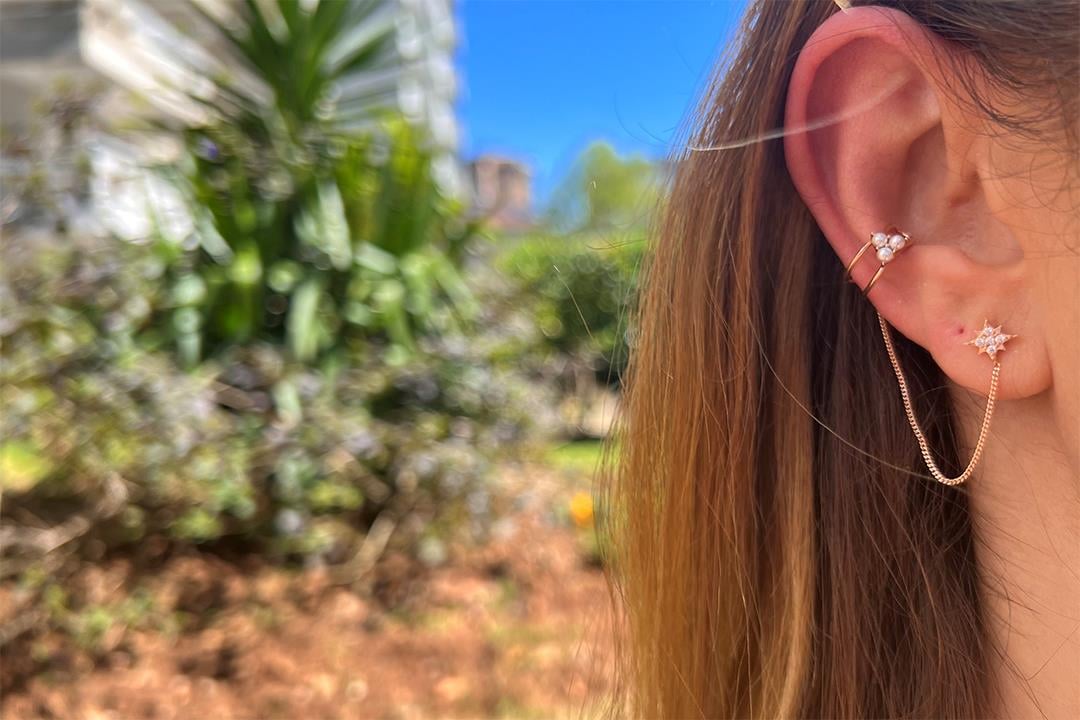 Taşlı İncili Ear Cuff Küpe