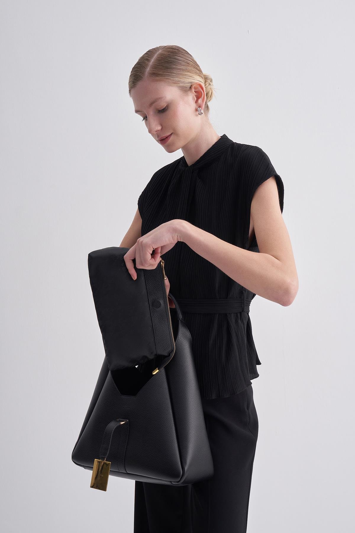 Siyah Hakiki Deri İkili Set Kadın Omuz Çantası