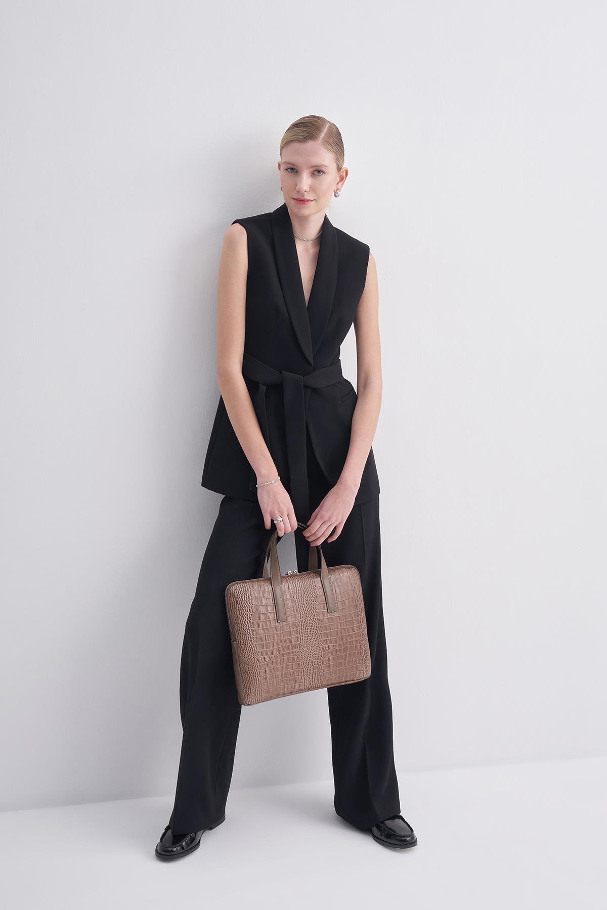 Bej Kroko Deri Evrak Çantası