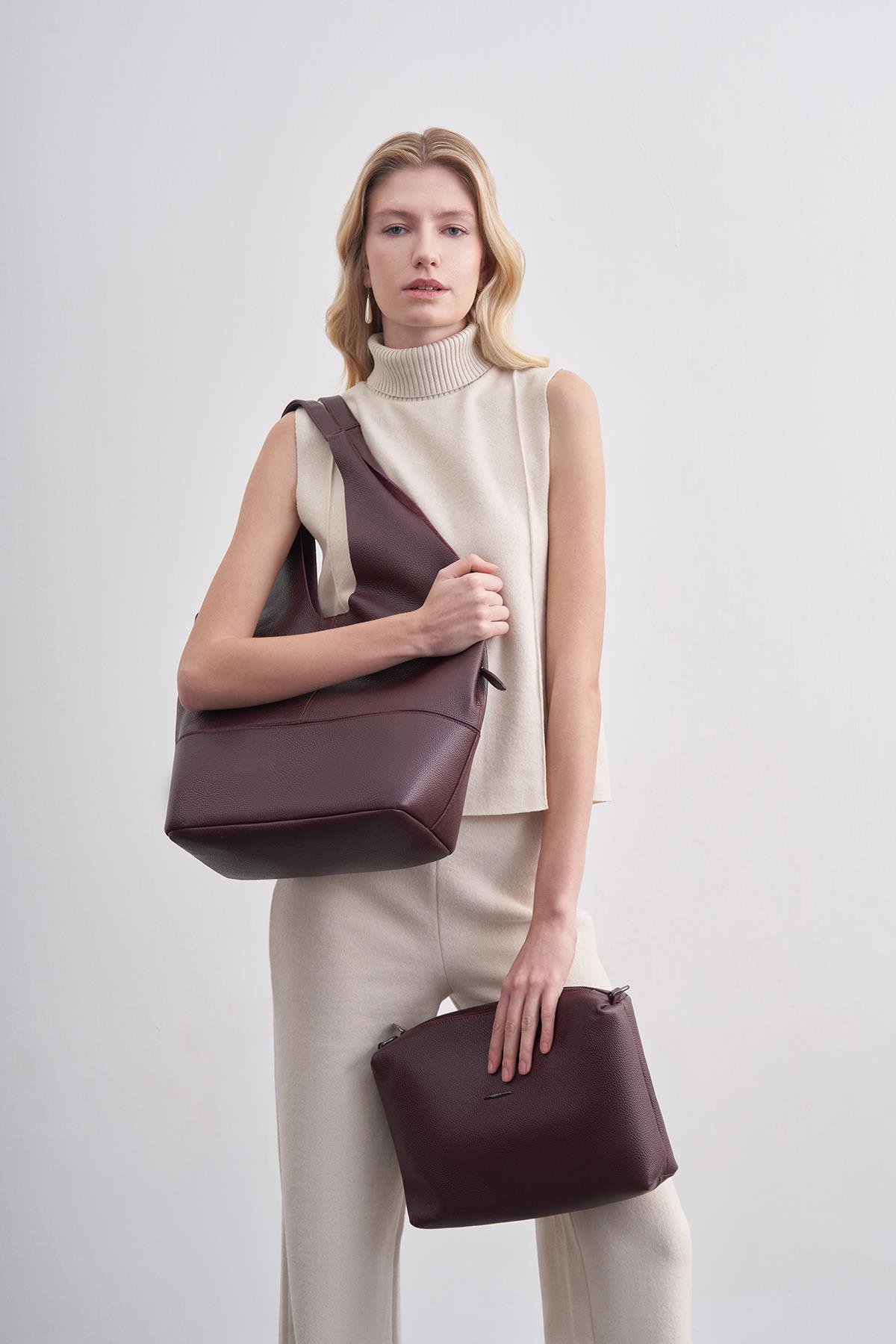 Bordo Hakiki Deri Yavrulu Omuz Çantası