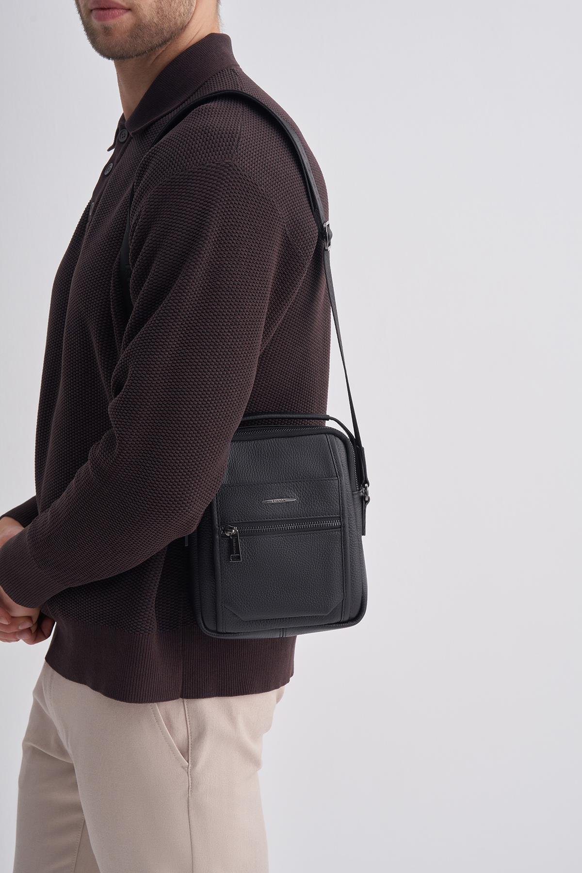 Erkek Siyah Hakiki Deri Omuz Çantası