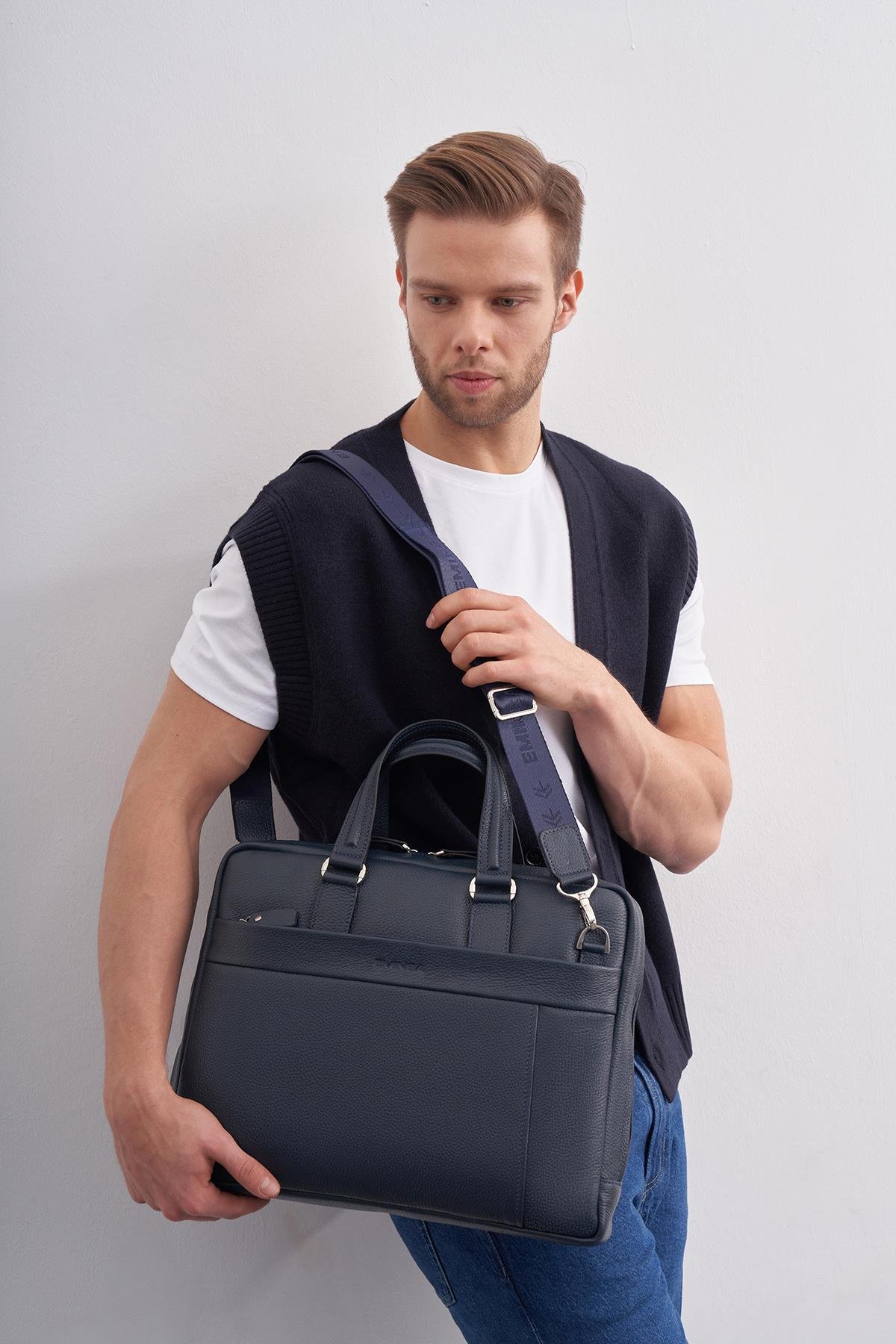 Erkek Lacivert Hakiki Deri Fermuar Detaylı Evrak Çantası