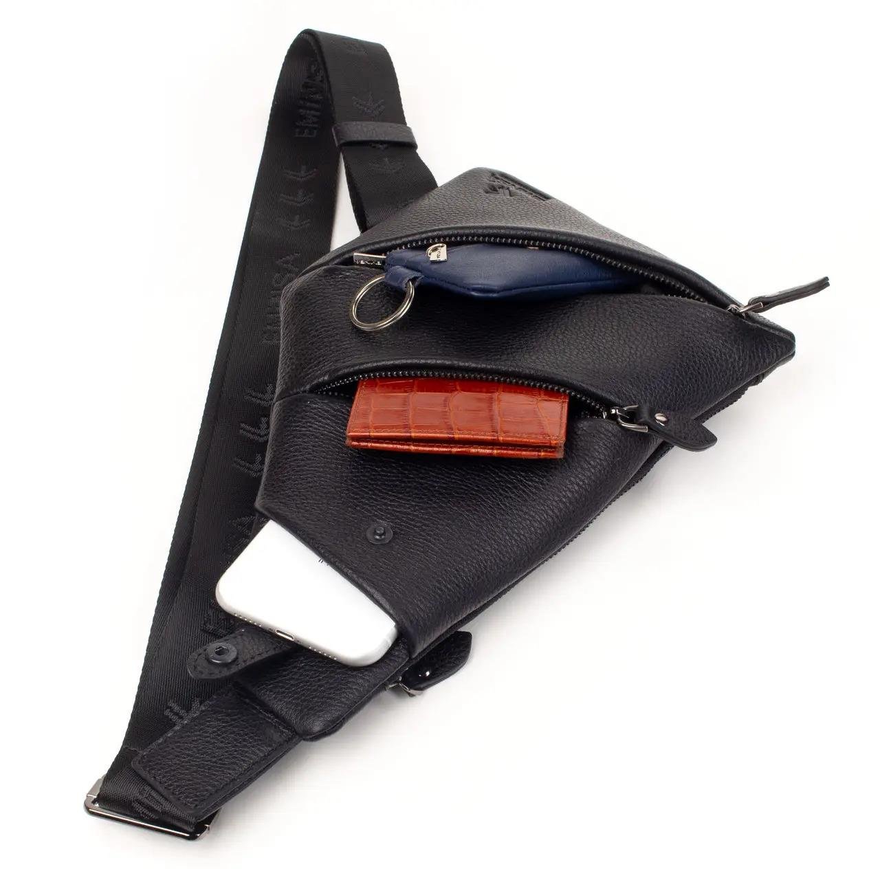 4 Bölmeli Siyah Deri Çarpraz Göğüs Sırt Çantası