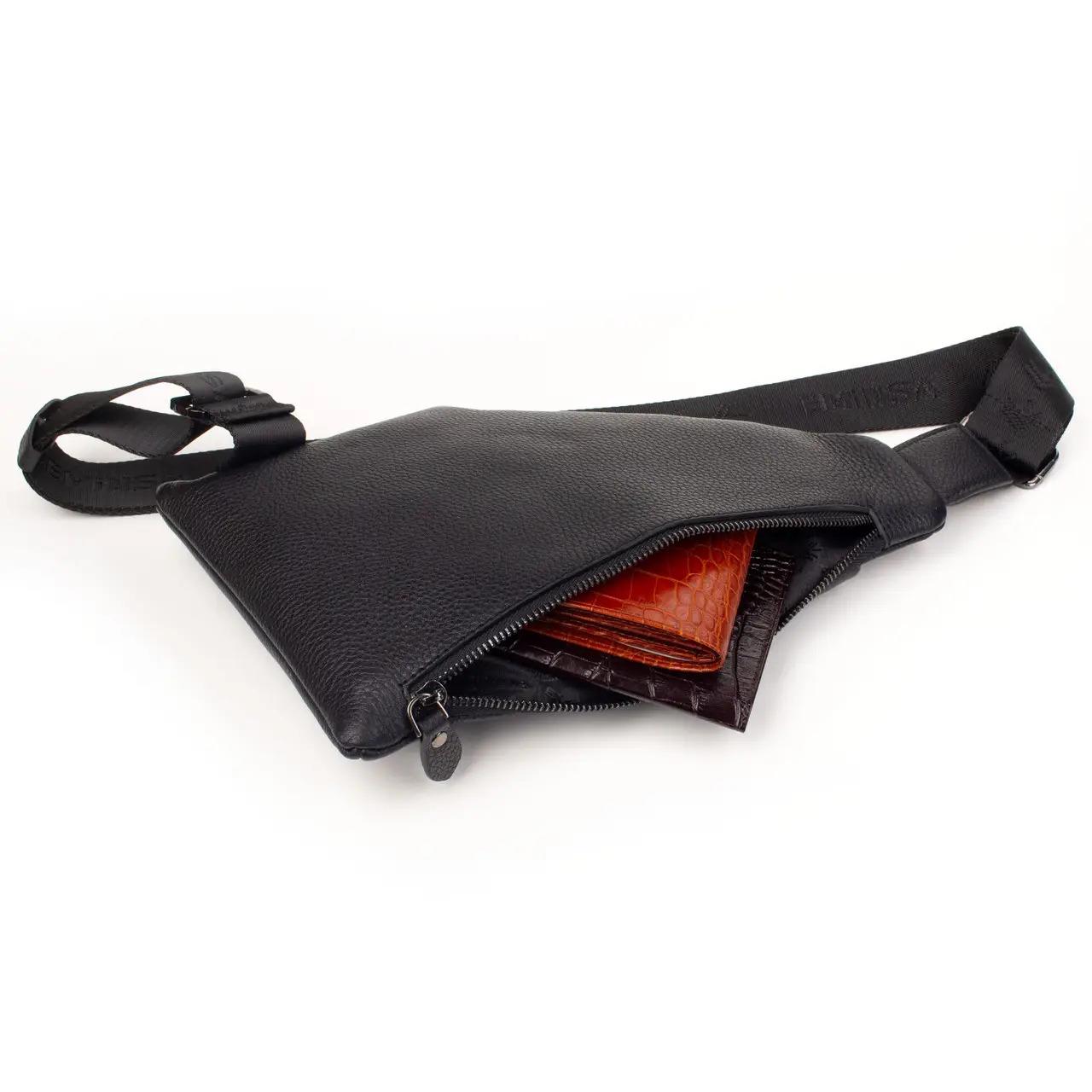 4 Bölmeli Siyah Deri Çarpraz Göğüs Sırt Çantası