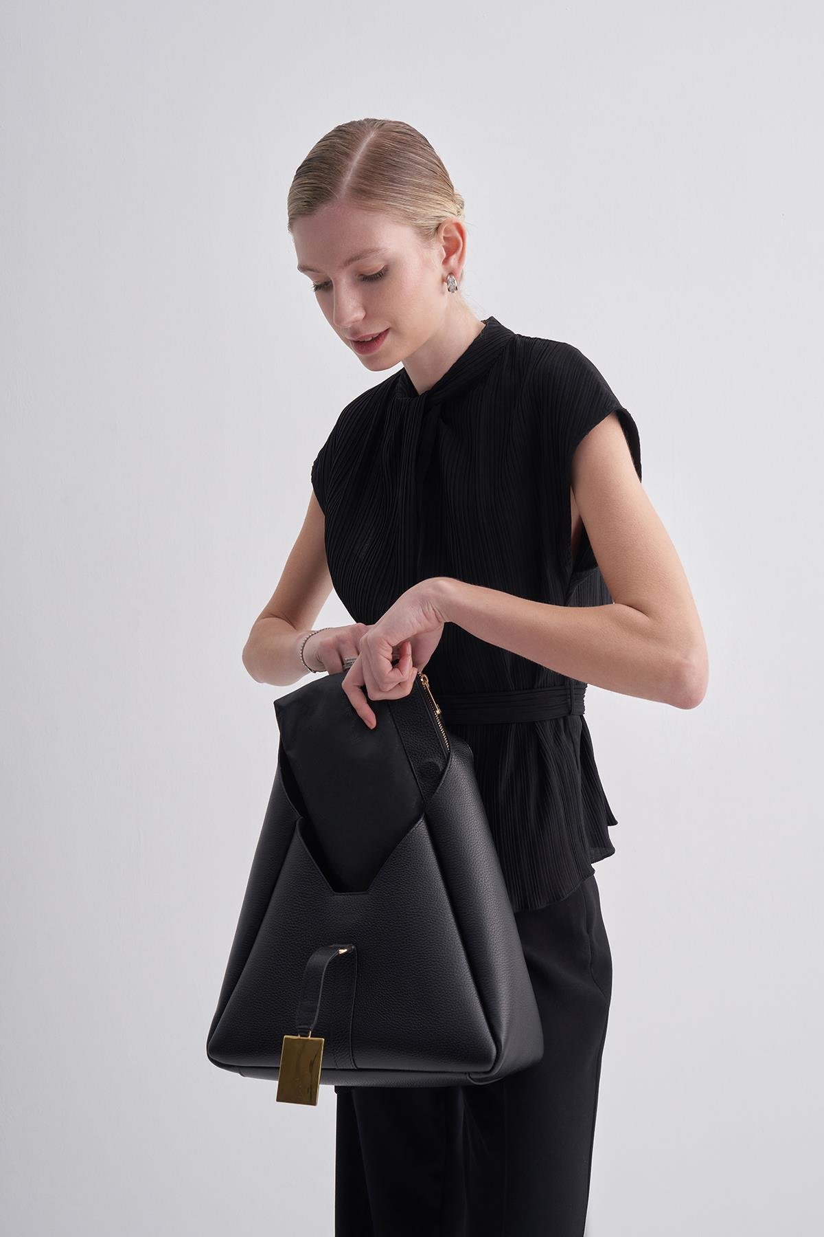 Siyah Hakiki Deri İkili Set Kadın Omuz Çantası