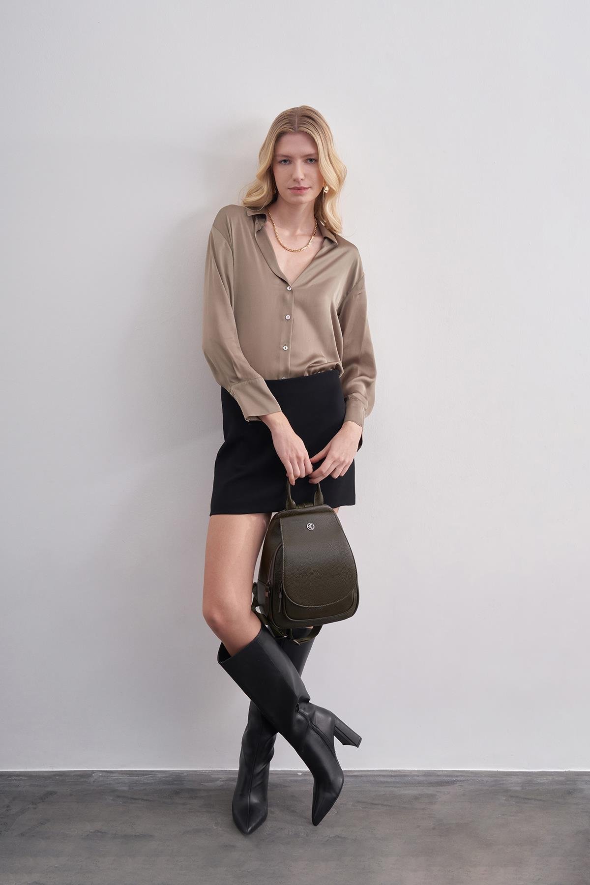 Kadın Haki Deri Sırt Çantası