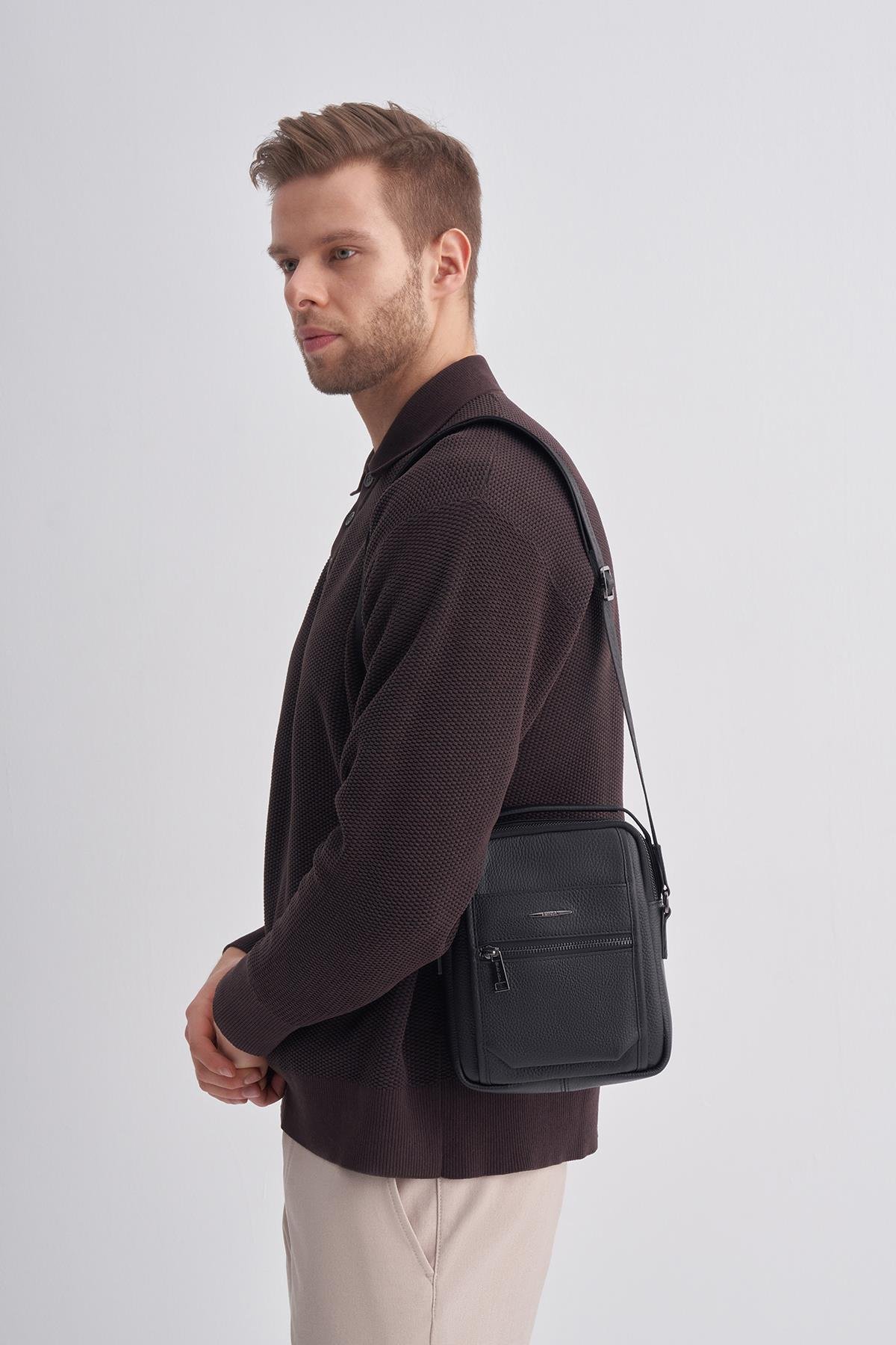 Erkek Siyah Hakiki Deri Omuz Çantası