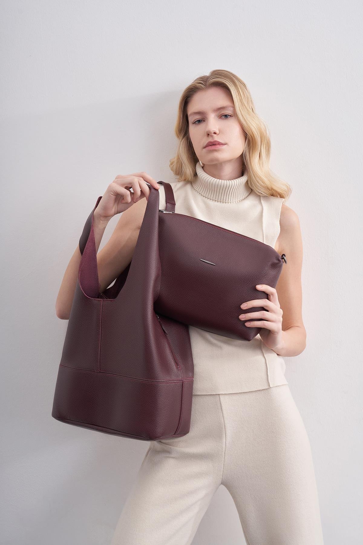 Bordo Hakiki Deri Yavrulu Omuz Çantası