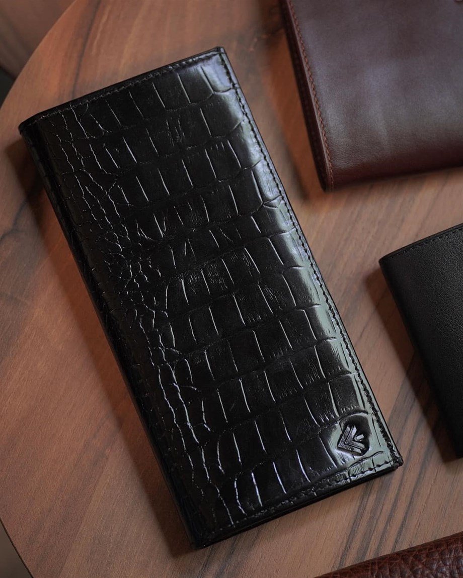 Siyah Kroko Hakiki Deri Erkek Çek Cüzdanı
