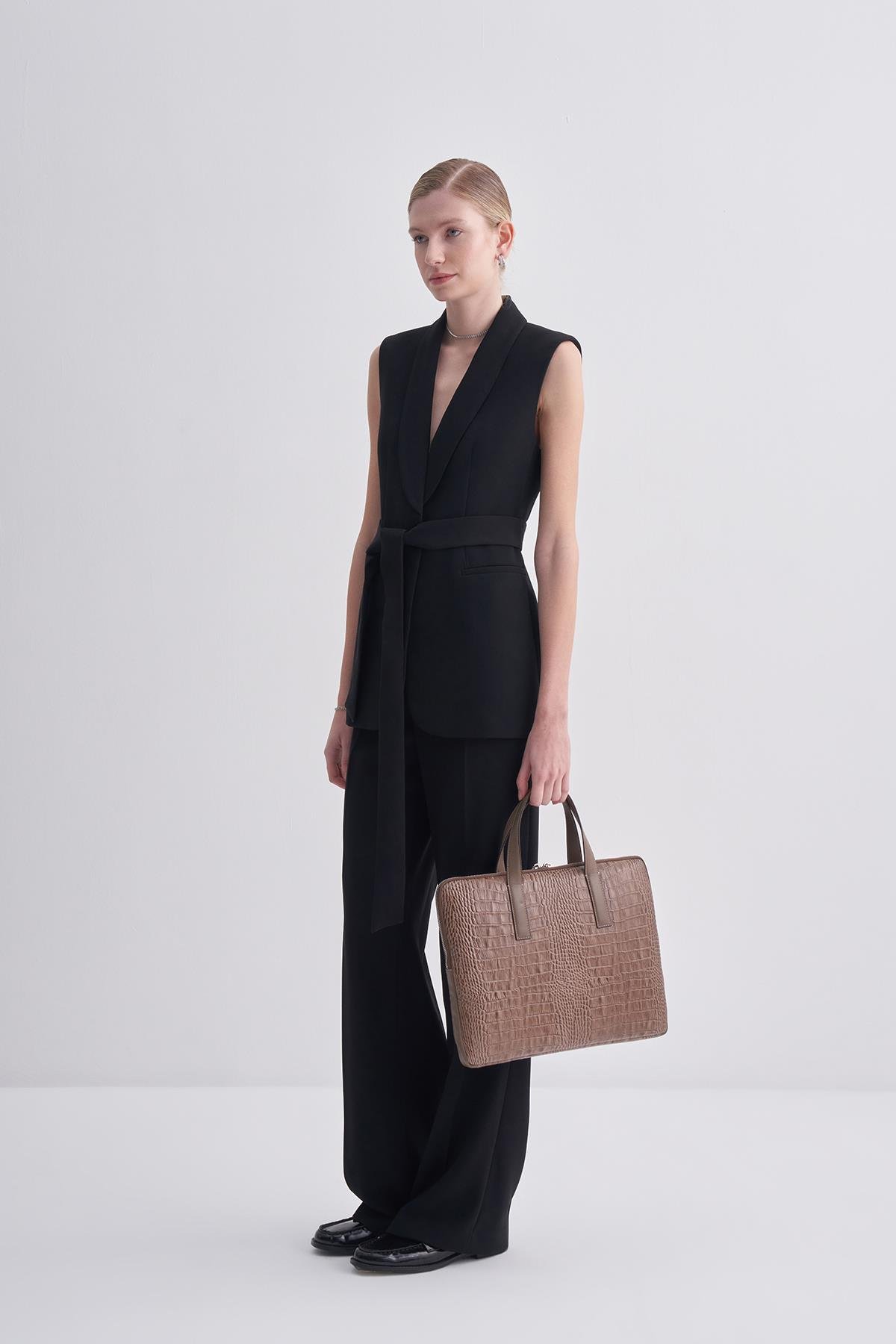 Bej Kroko Deri Evrak Çantası