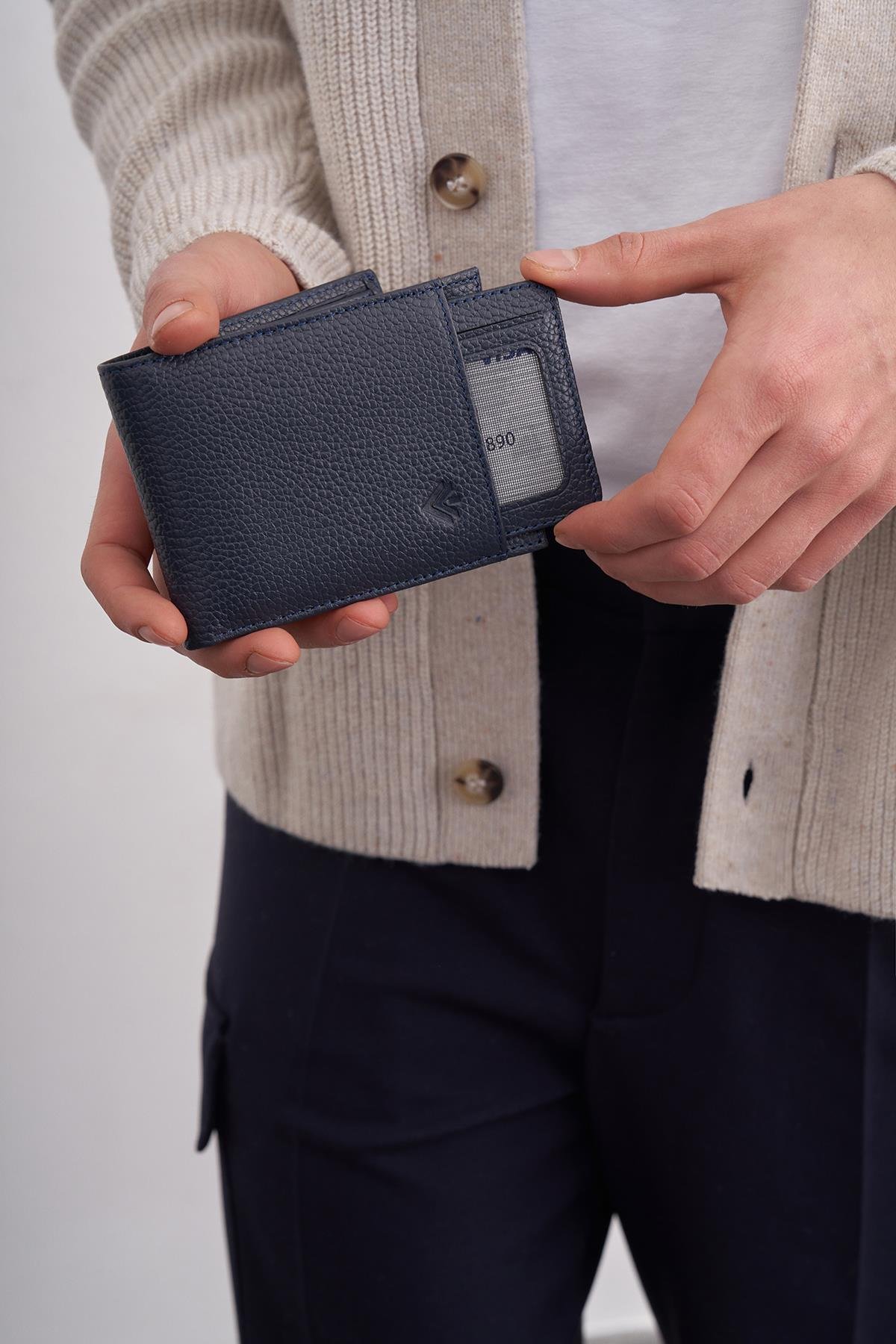 Erkek Lacivert Deri Ekstra Kartlıklı Cüzdan