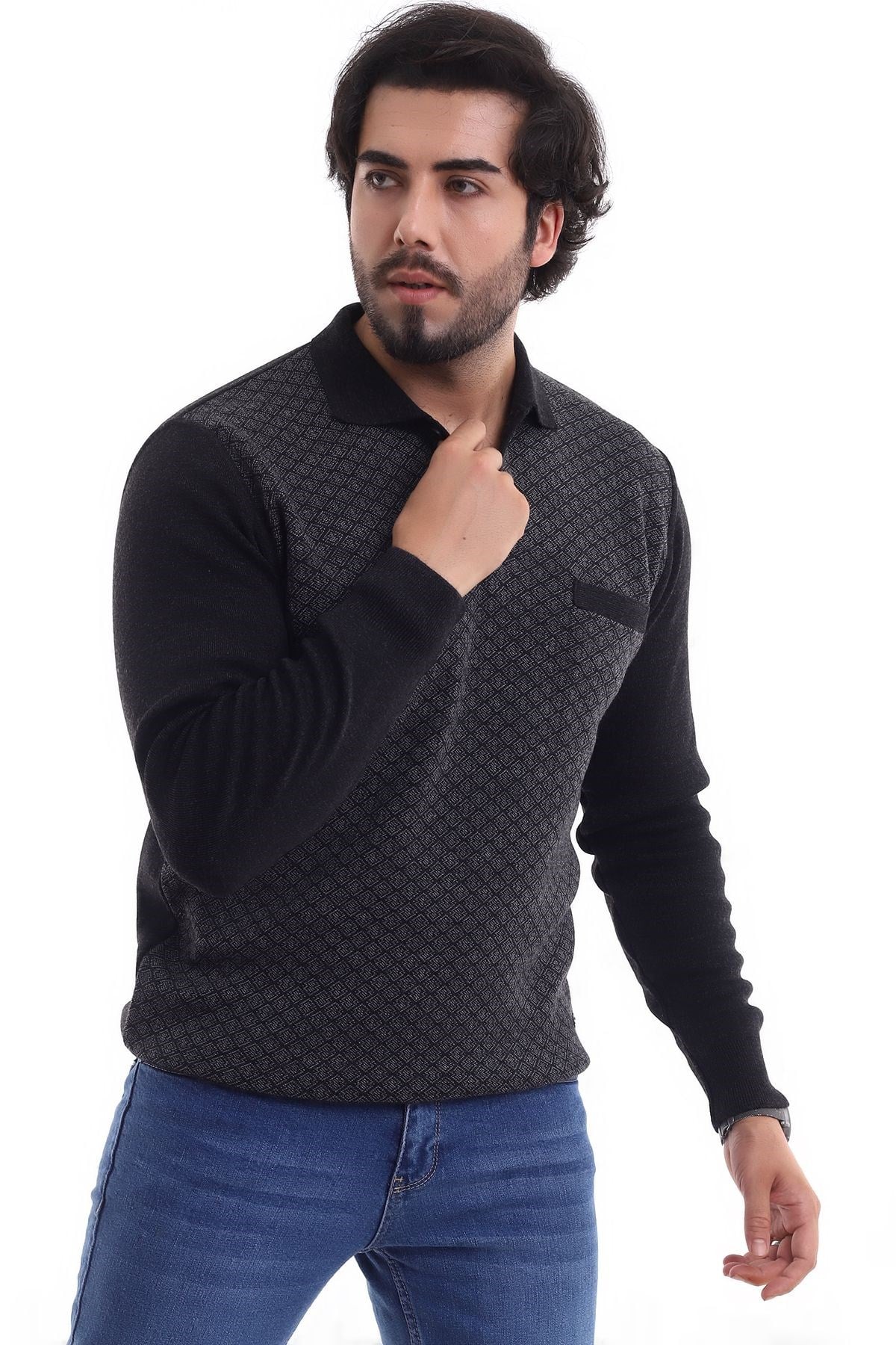 Polo Yaka Desenli Kazak Antrasit (3116)