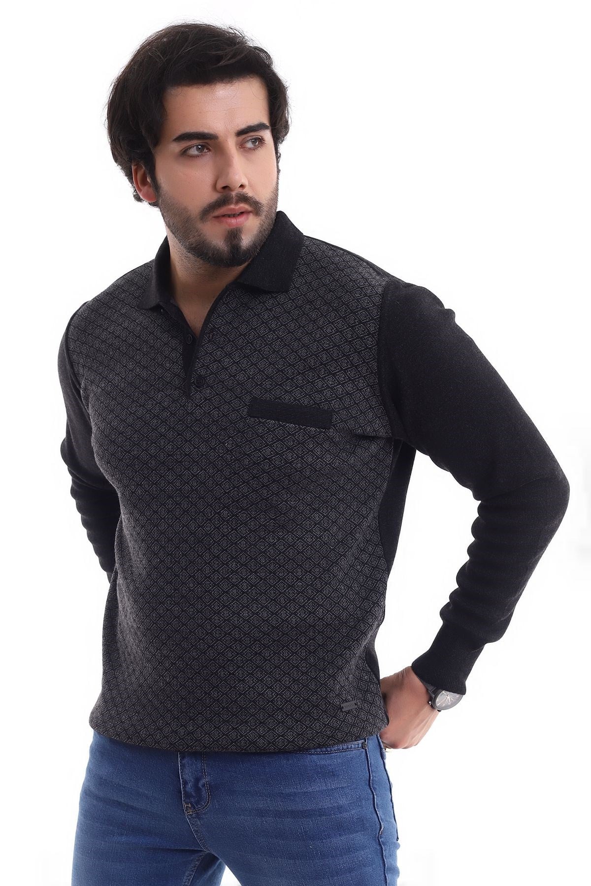 Polo Yaka Desenli Kazak Antrasit (3116)