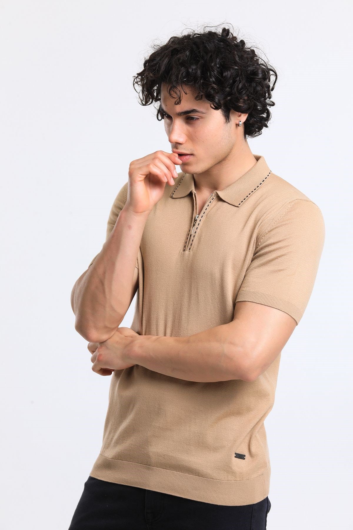 Soylu Trend  I soylutrend.comT-SHİRTSoylu Trend2003CAMELErkek Fermuarlı Polo Yaka Triko T-Shirt Pamuklu Camel (2003)