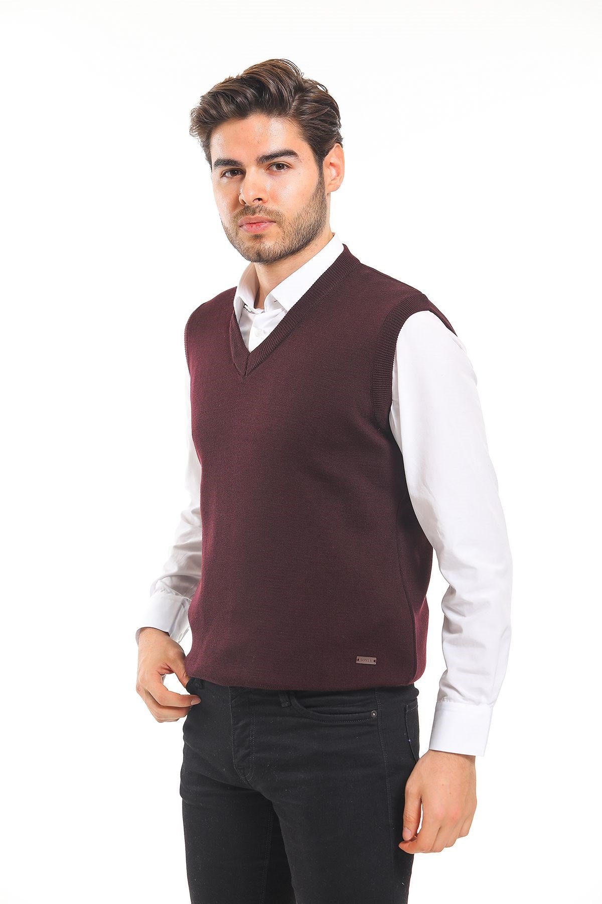 V Yaka Süveter Düz Bordo (2803)