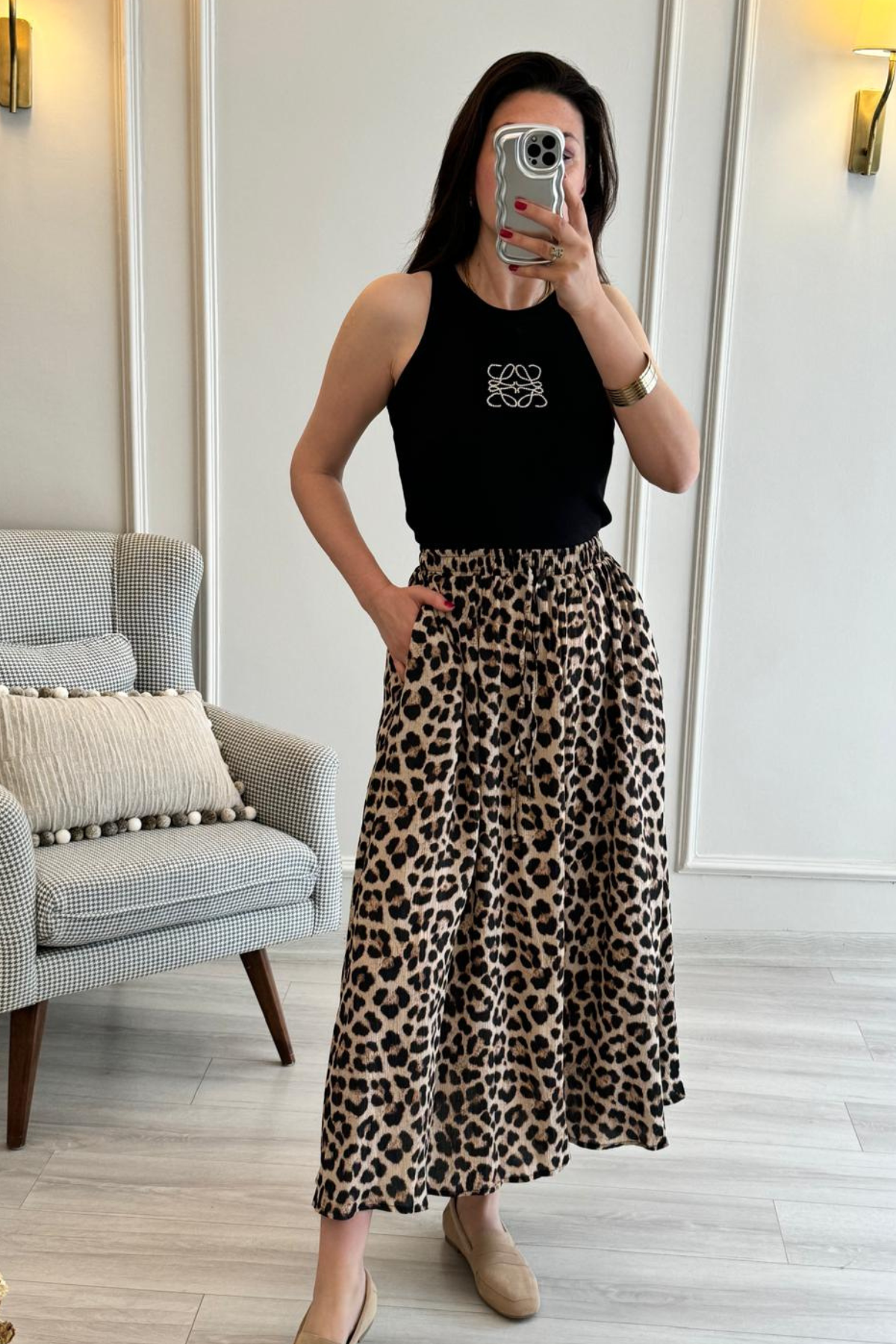 Beli Lastikli Kloş Etek Leopar Desenli