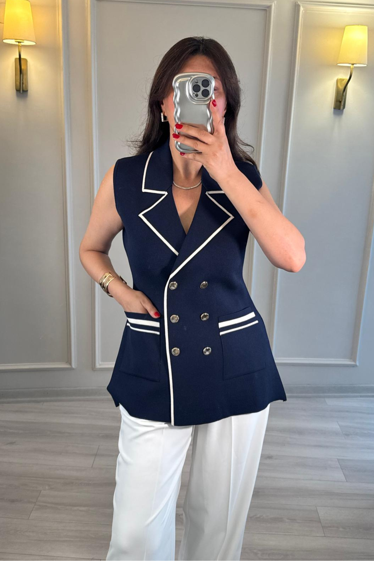 Biyeli Kruvaze Yaka Yelek Lacivert