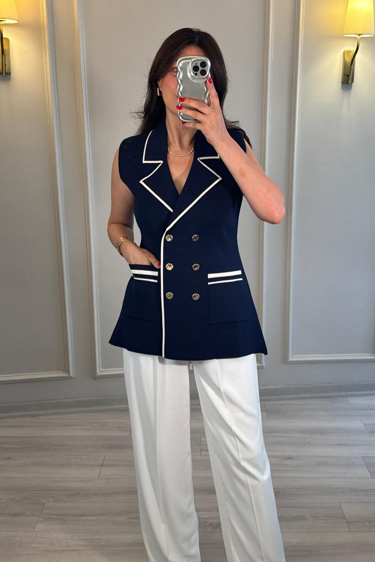 Biyeli Kruvaze Yaka Yelek Lacivert