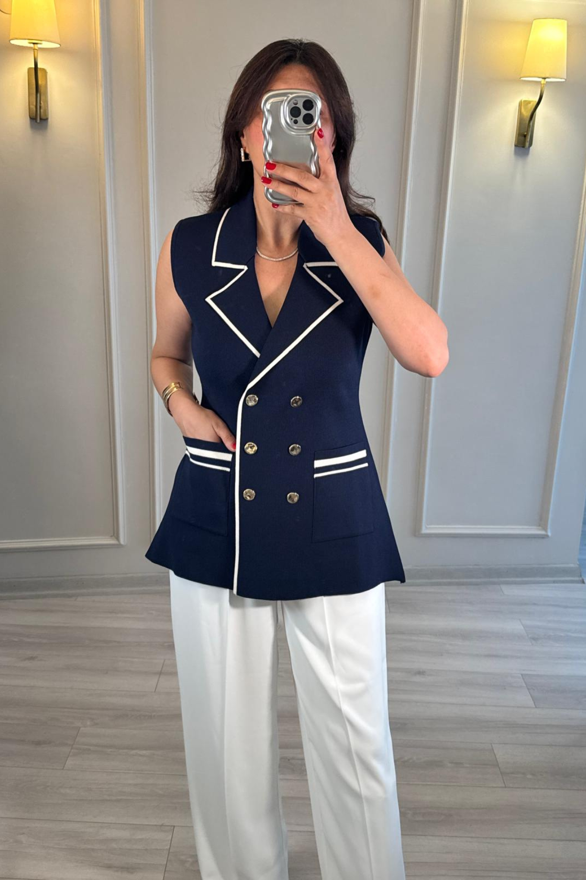 Biyeli Kruvaze Yaka Yelek Lacivert