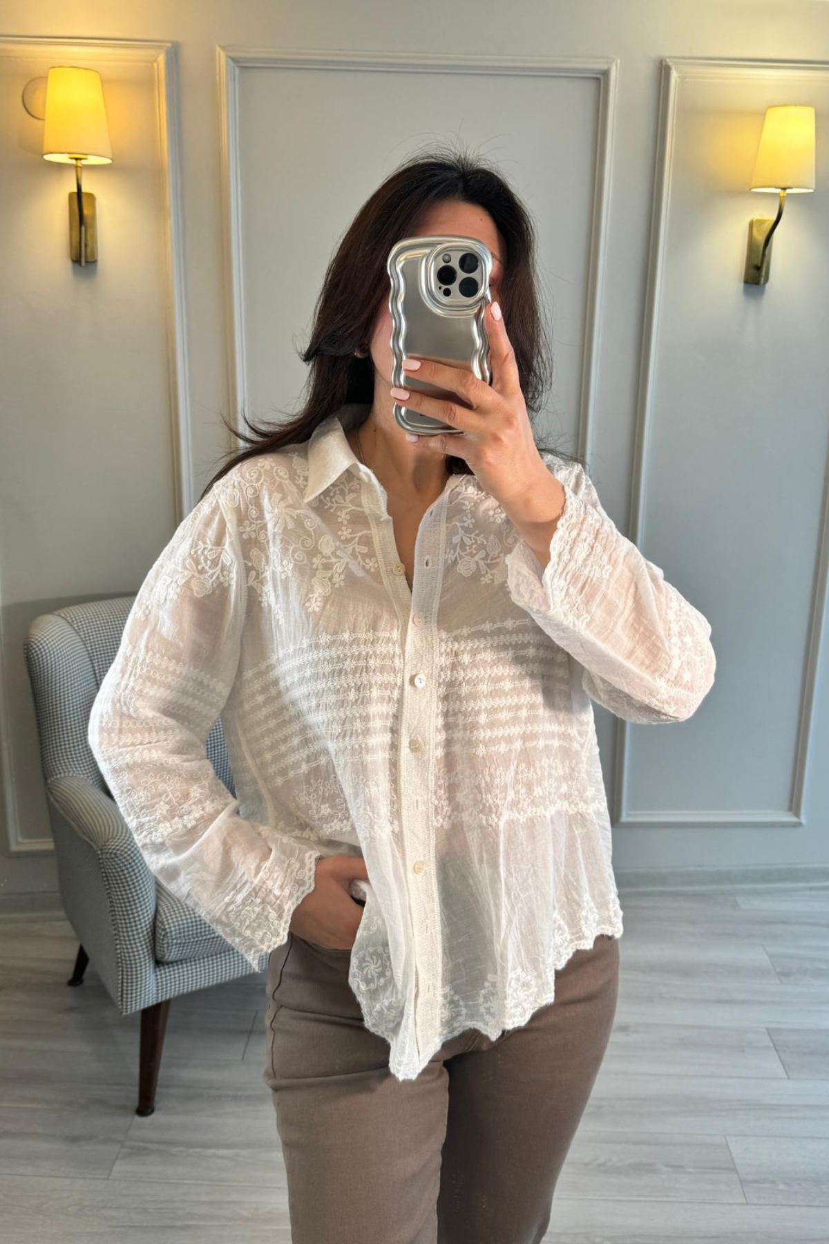 Dantelli Oversize Gömlek Beyaz