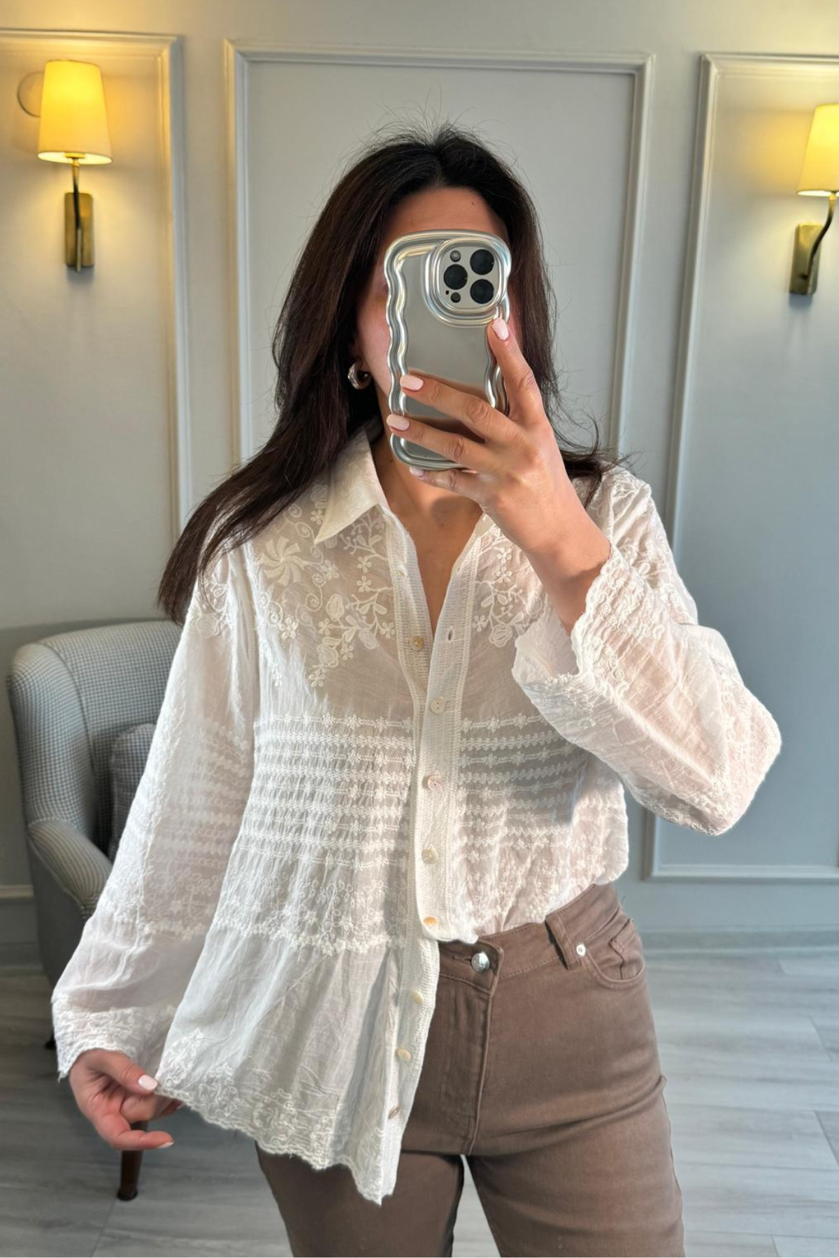 Dantelli Oversize Gömlek Beyaz