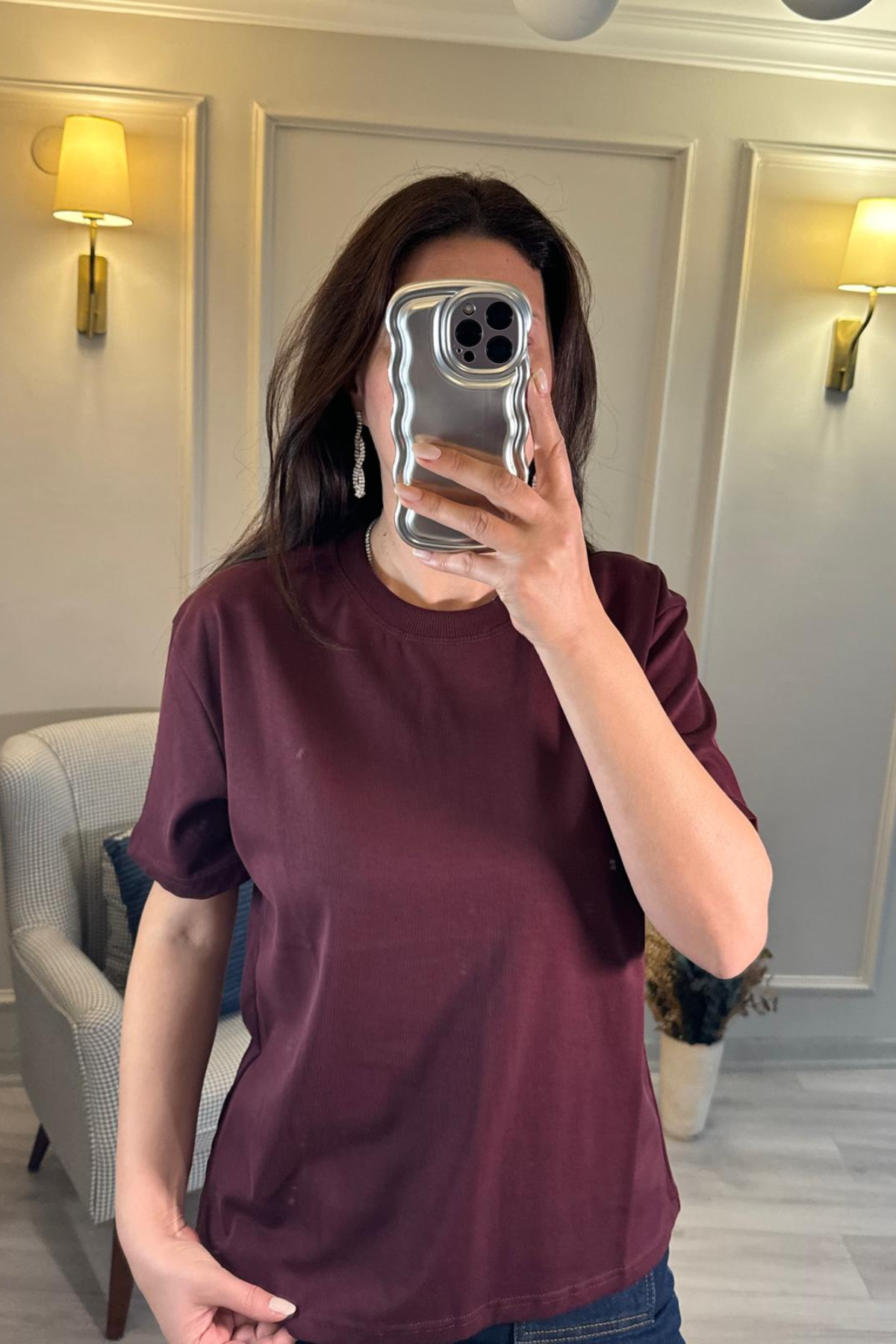 Dilvin Dekoratif Yakalı Basic T-Shirt Bordo