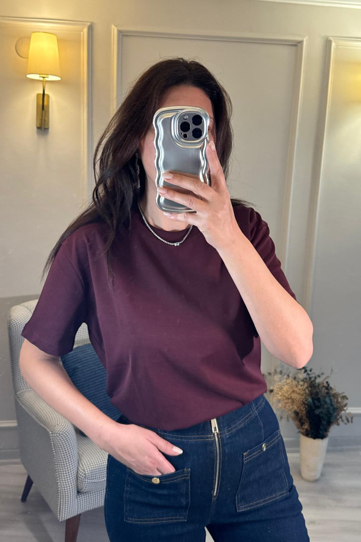 Dilvin Dekoratif Yakalı Basic T-Shirt Bordo