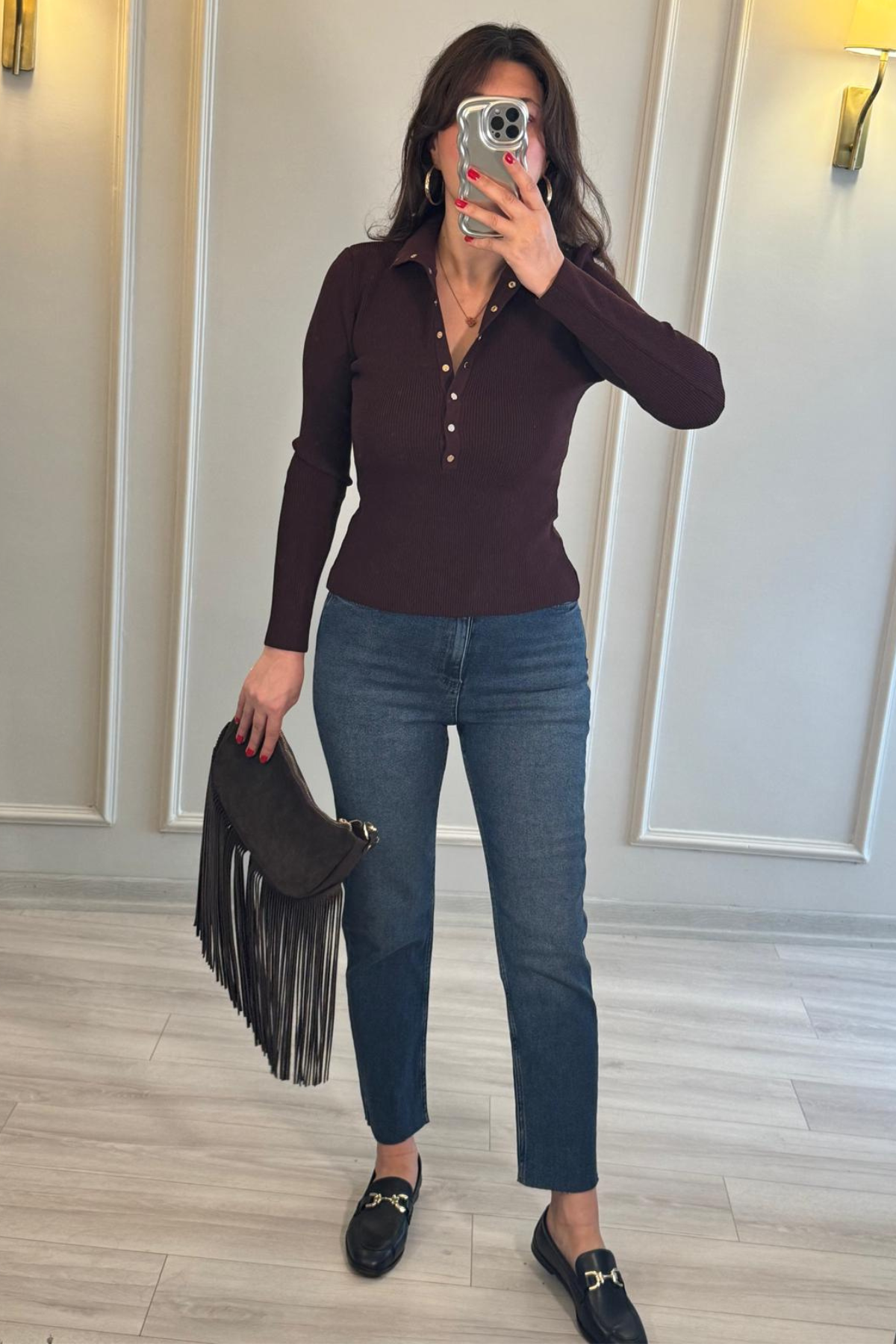 Dilvin Dik Yaka Düğmeli Triko Bluz Mor